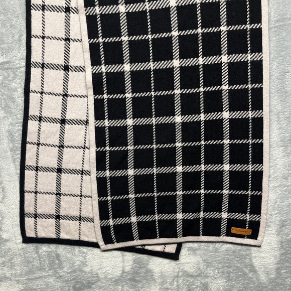 Coach Accessories - Coach Scarf Black Ivory Reversible Plaid Wool Cotton Knit Leather Logo